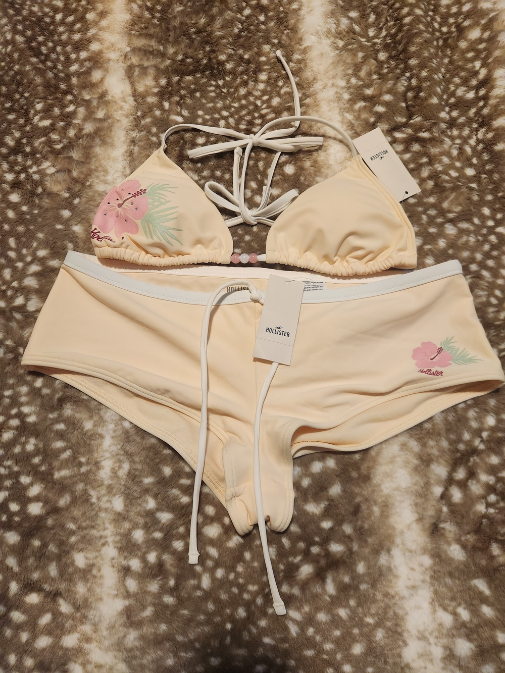 Hollister Butter Yellow bikini set with pink bling hibiscus flower
